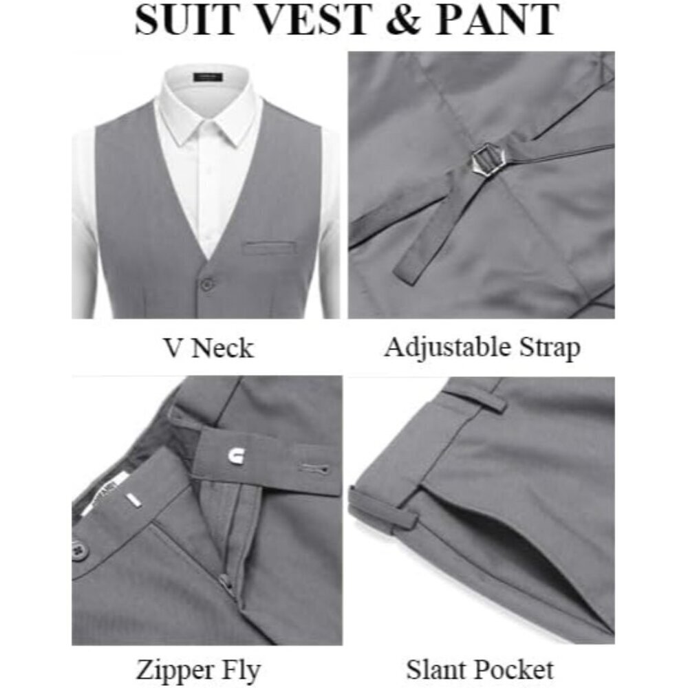 Men's Light Grey 3 Pieces Suits Classic Fit 2 Buttons Dress Wedding Business - Picture 7 of 7